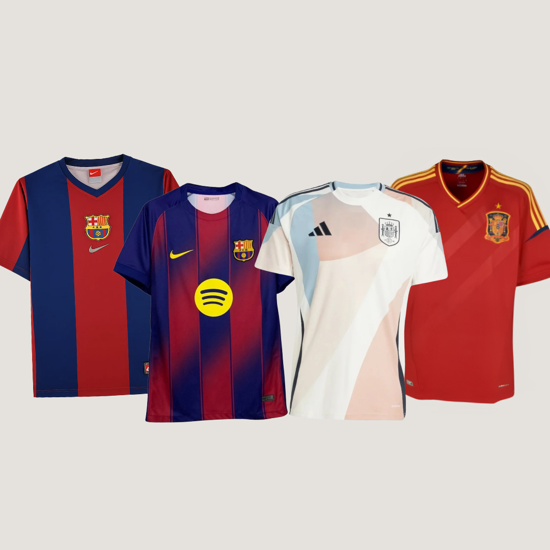 Pack Aficionado 4 Camisetas – Barcelona 25/26, Barcelona Retro 2001, España Retro 2010, España 25/26 - Compra 2 y Llévate 4